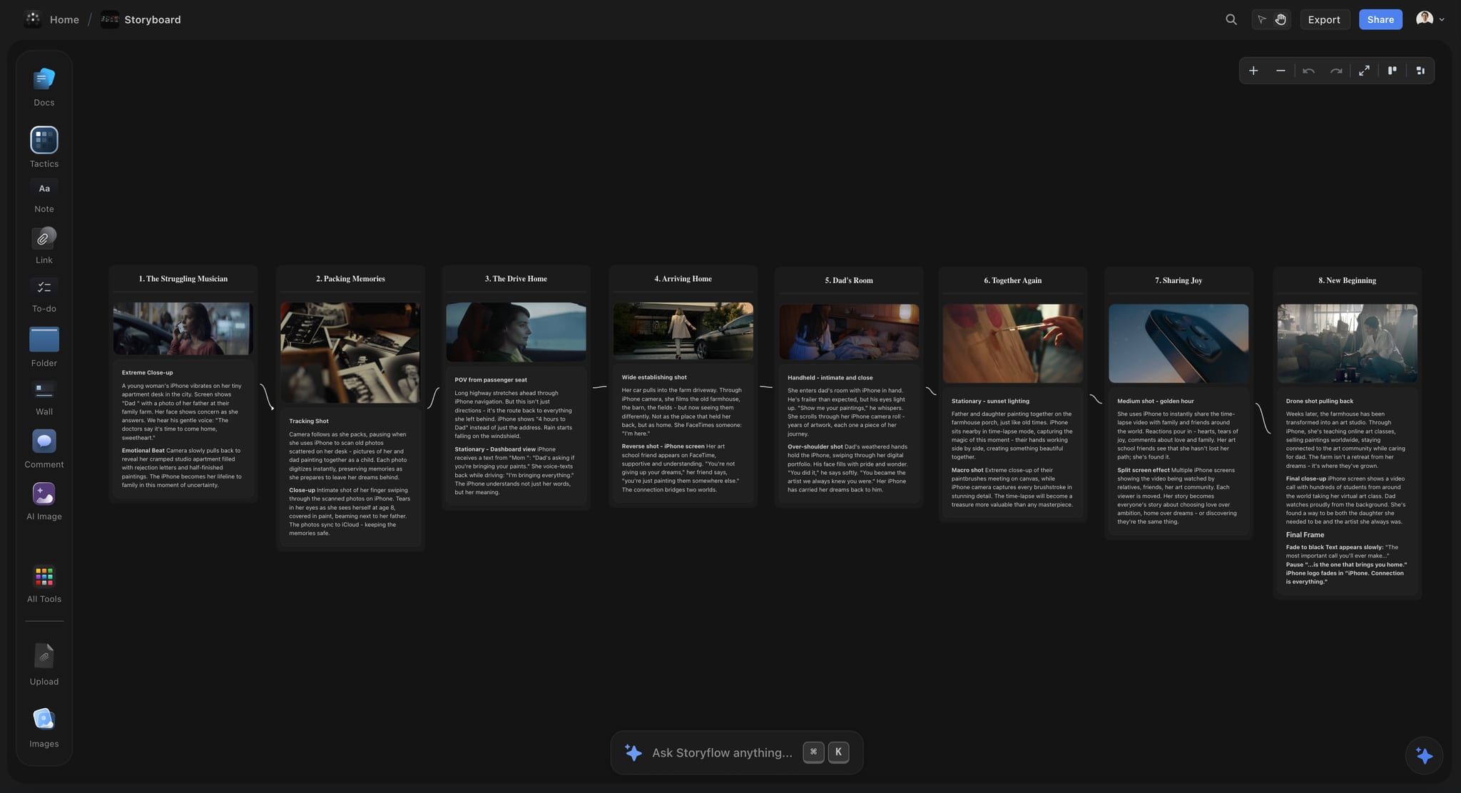 Film storyboard built in Storyflow, dark mode